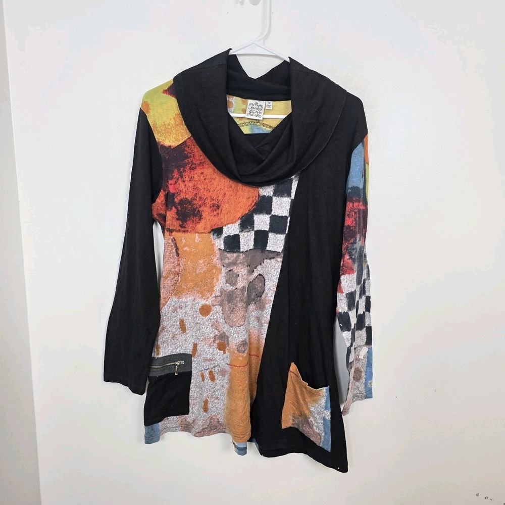 Parsley & Sage Black Multicolor Cowl Neck Artsy Lagenlook Tunic Top Size M